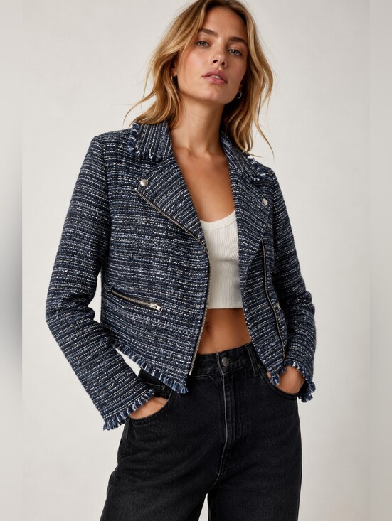 Free People Jackets & Blazers - Free People Tweed Moto Jacket Blue Black Fringe Zip Cropped Jacket Small